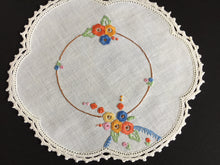 Load image into Gallery viewer, Vintage Hand Embroidered Collectible Doily with Floral Design and Crocheted Cotton Edging