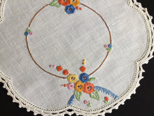 Load image into Gallery viewer, Vintage Hand Embroidered Collectible Doily with Floral Design and Crocheted Cotton Edging