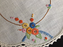 Load image into Gallery viewer, Vintage Hand Embroidered Collectible Doily with Floral Design and Crocheted Cotton Edging