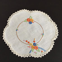 Load image into Gallery viewer, Vintage Hand Embroidered Collectible Doily with Floral Design and Crocheted Cotton Edging