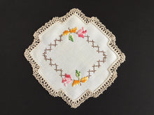 Load image into Gallery viewer, Vintage Hand Embroidered Collectible Doily with Floral Design and Crocheted Cotton Edging