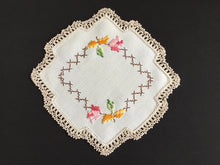 Load image into Gallery viewer, Vintage Hand Embroidered Collectible Doily with Floral Design and Crocheted Cotton Edging