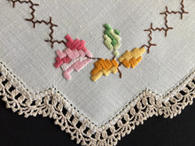 Load image into Gallery viewer, Vintage Hand Embroidered Collectible Doily with Floral Design and Crocheted Cotton Edging