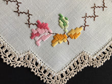 Load image into Gallery viewer, Vintage Hand Embroidered Collectible Doily with Floral Design and Crocheted Cotton Edging