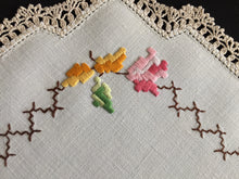Load image into Gallery viewer, Vintage Hand Embroidered Collectible Doily with Floral Design and Crocheted Cotton Edging