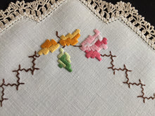 Load image into Gallery viewer, Vintage Hand Embroidered Collectible Doily with Floral Design and Crocheted Cotton Edging