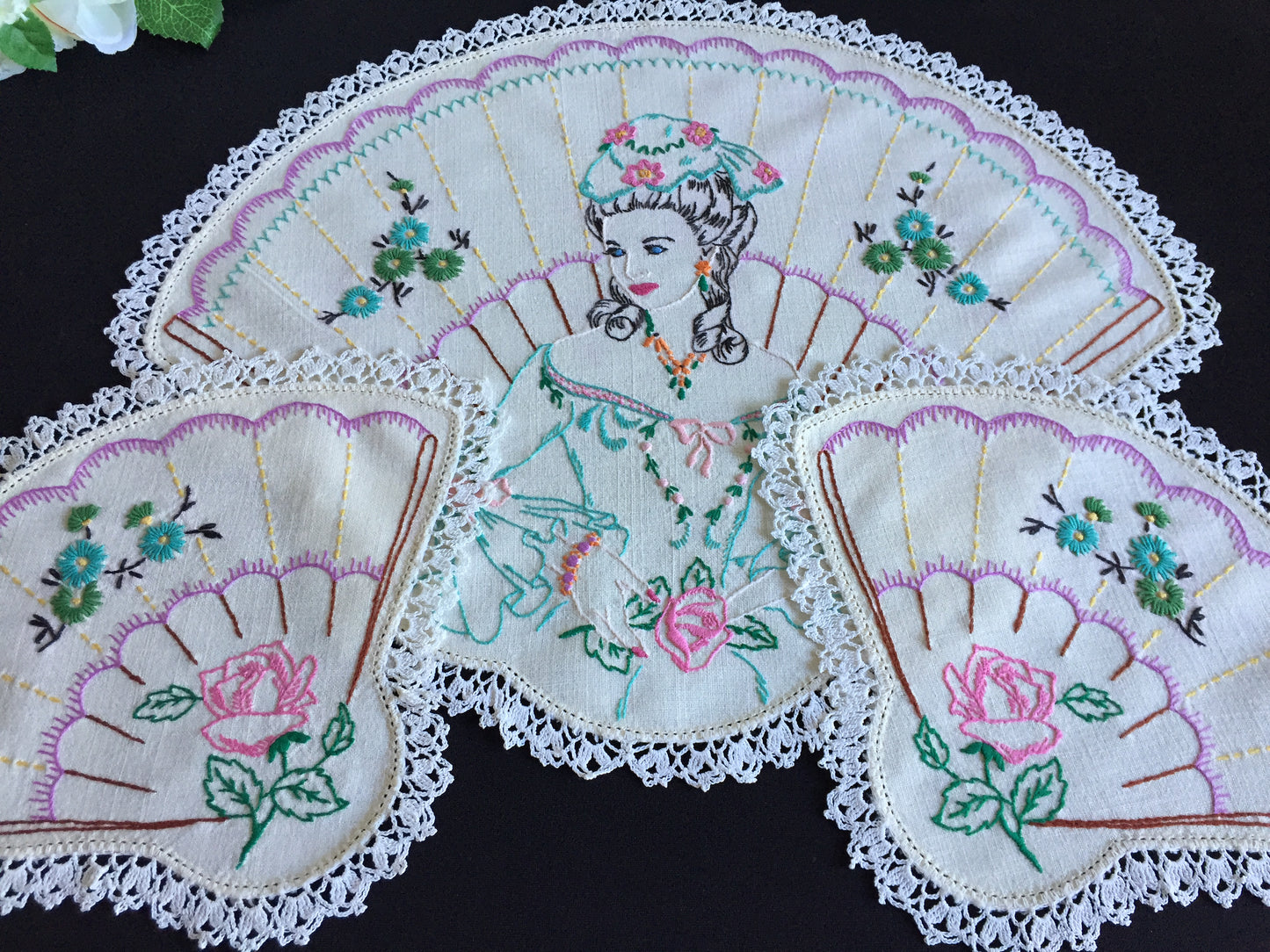 Hand Embroidered 3 Pce Duchess Set: Crinoline Lady Design | Vintage Doilies