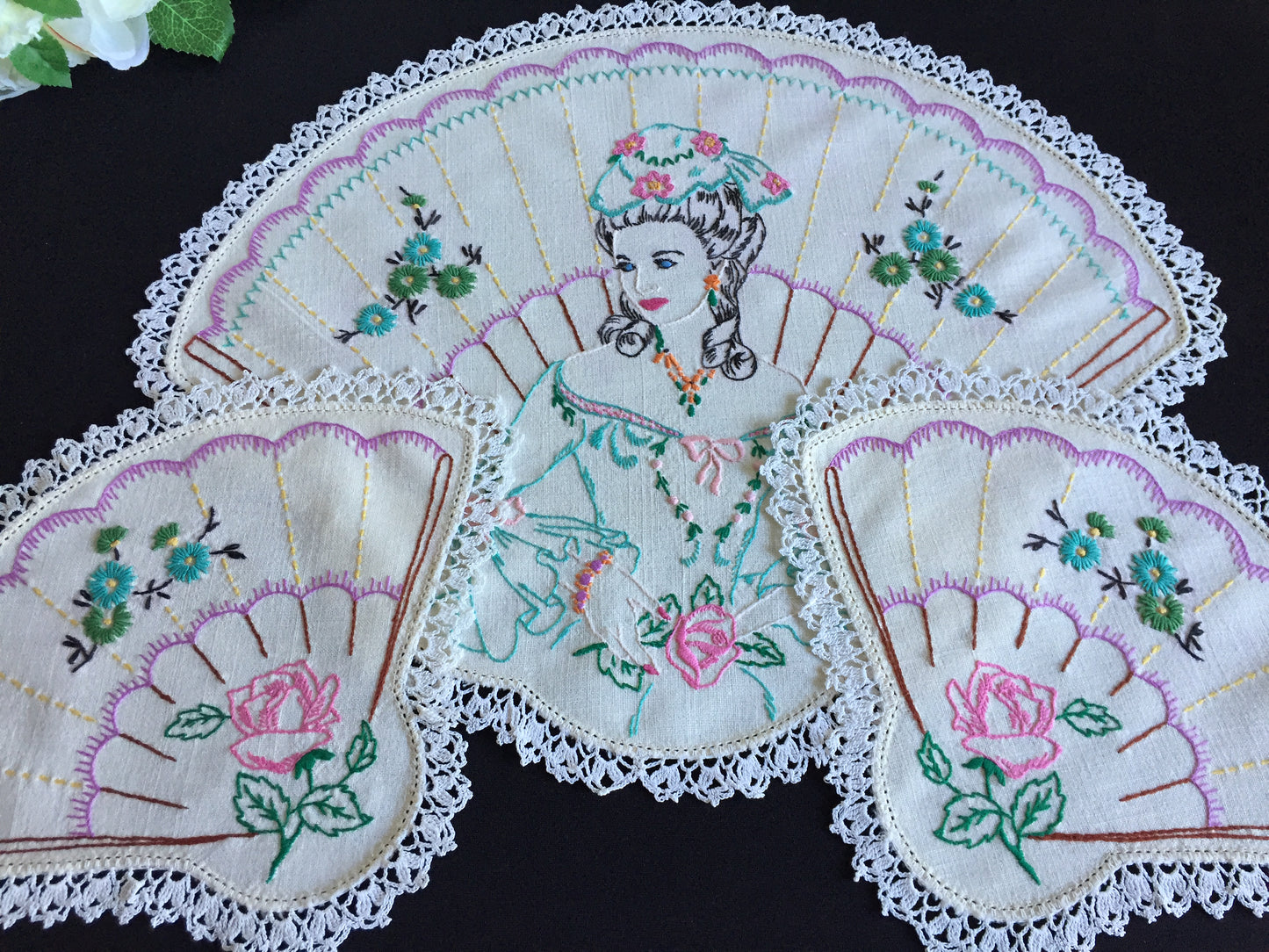 Hand Embroidered 3 Pce Duchess Set: Crinoline Lady Design | Vintage Doilies