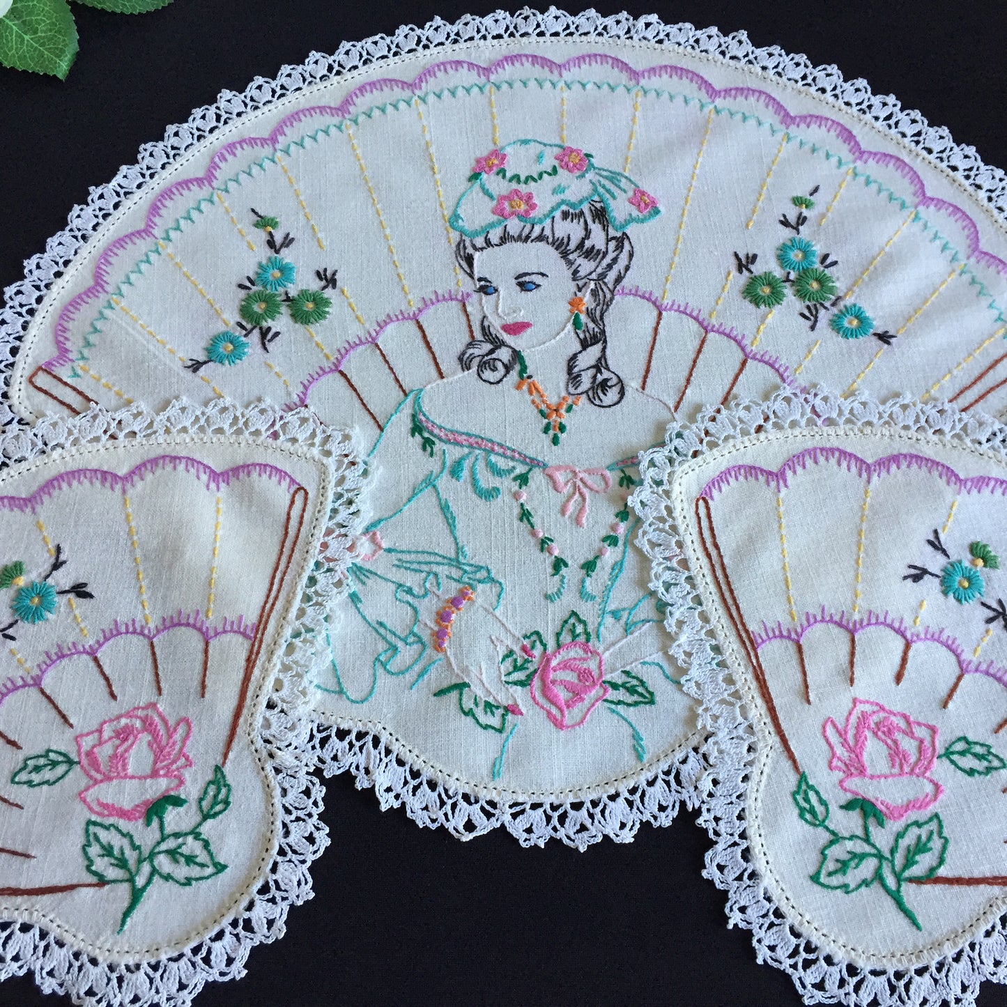 Hand Embroidered 3 Pce Duchess Set: Crinoline Lady Design | Vintage Doilies