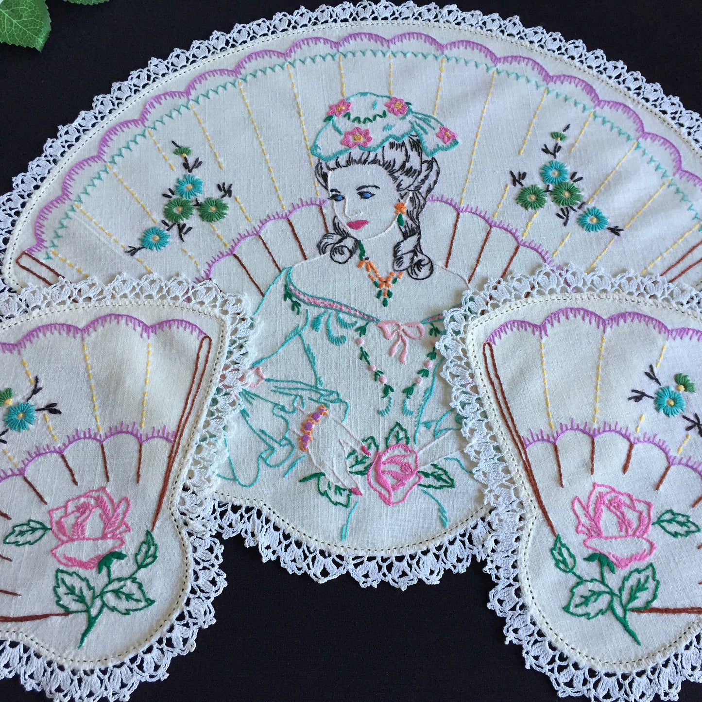Hand Embroidered 3 Pce Duchess Set: Crinoline Lady Design | Vintage Doilies