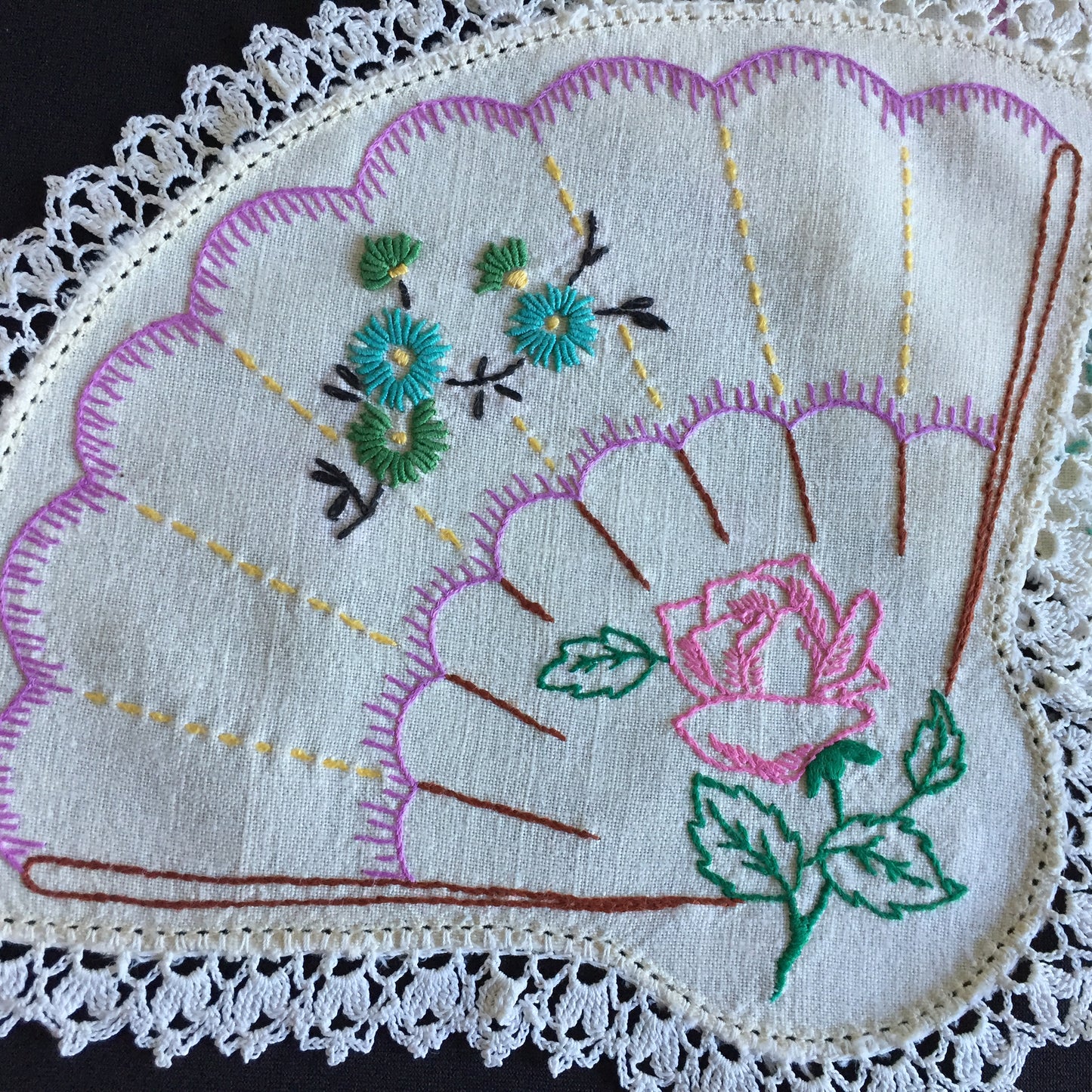 Hand Embroidered 3 Pce Duchess Set: Crinoline Lady Design | Vintage Doilies