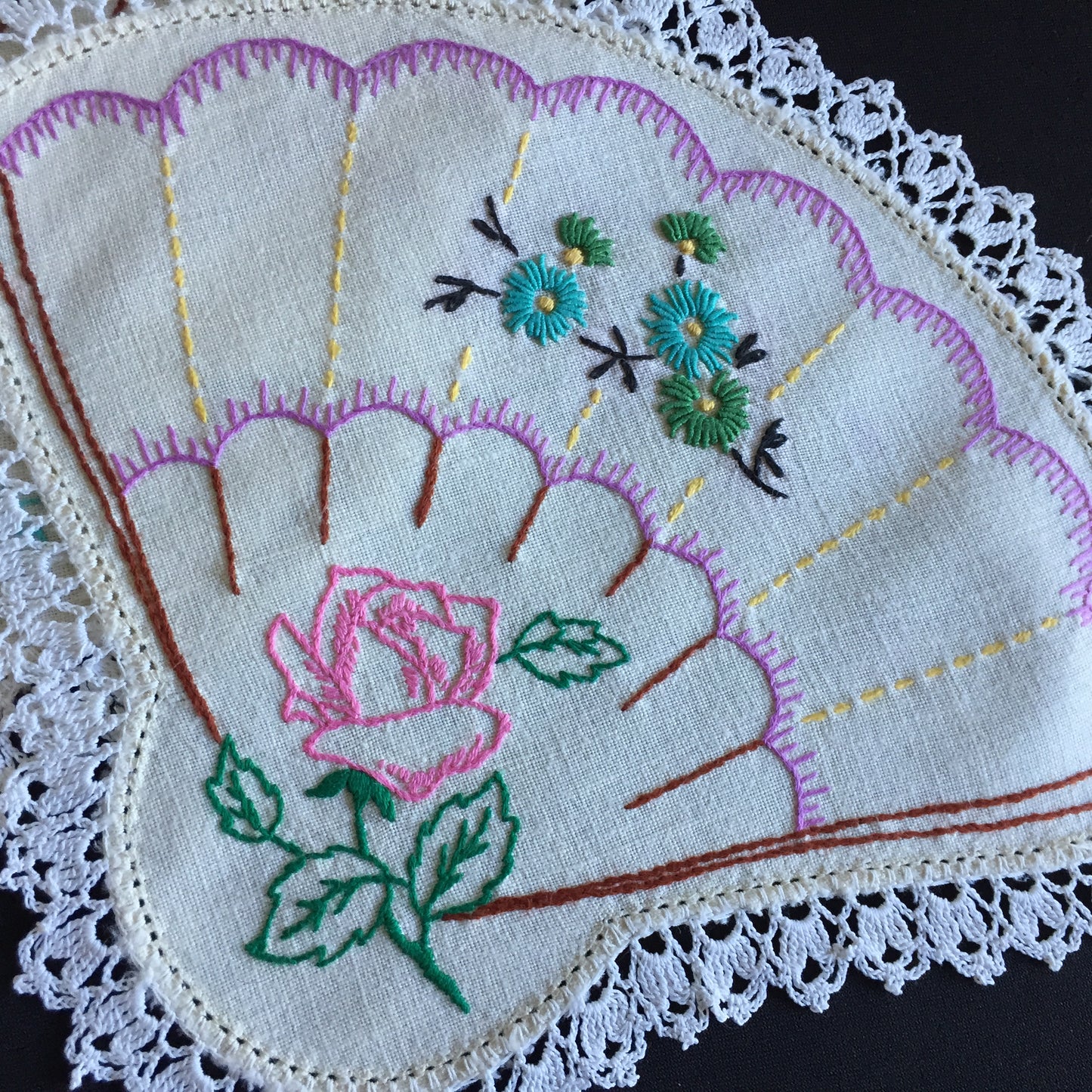 Hand Embroidered 3 Pce Duchess Set: Crinoline Lady Design | Vintage Doilies