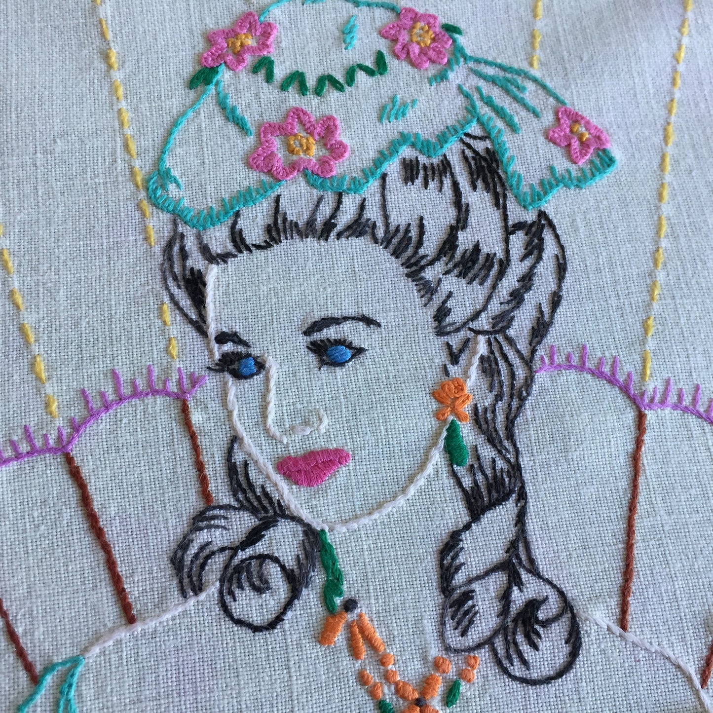 Hand Embroidered 3 Pce Duchess Set: Crinoline Lady Design | Vintage Doilies