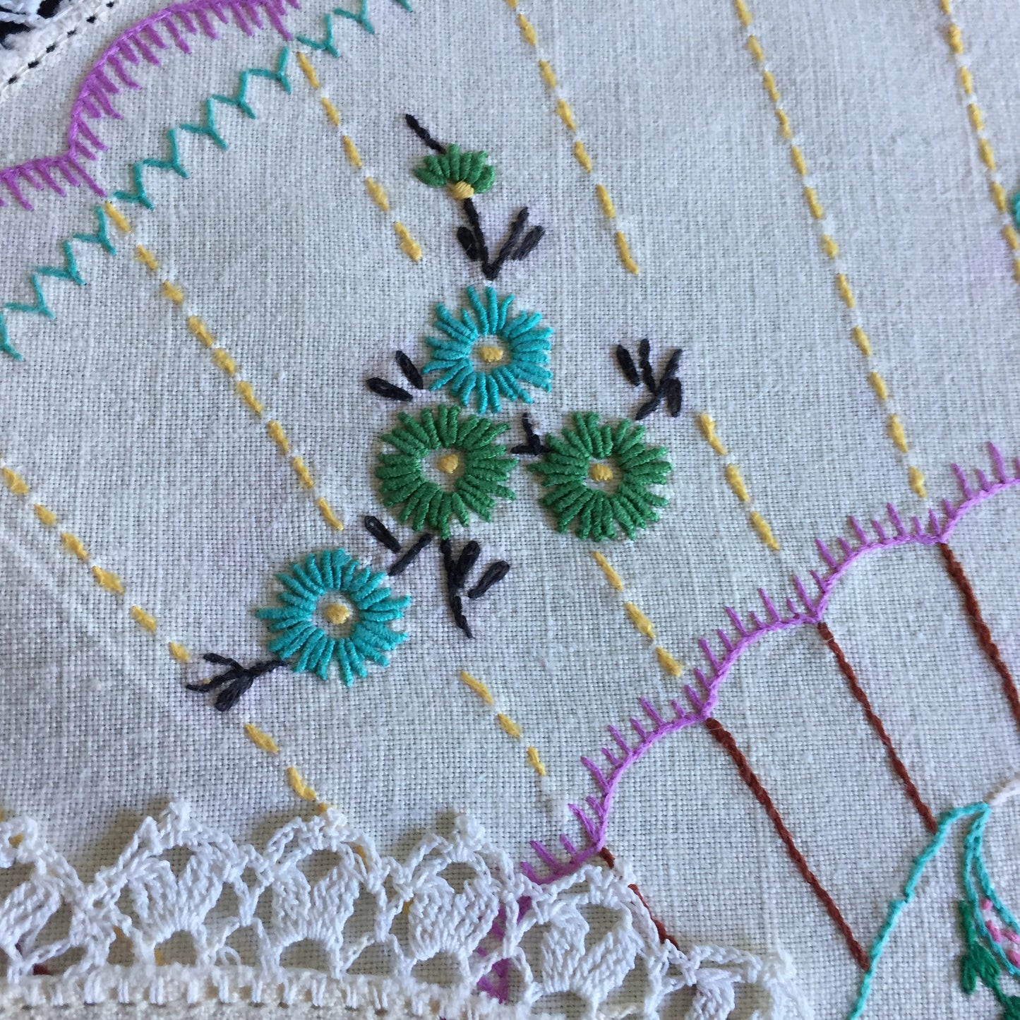 Hand Embroidered 3 Pce Duchess Set: Crinoline Lady Design | Vintage Doilies