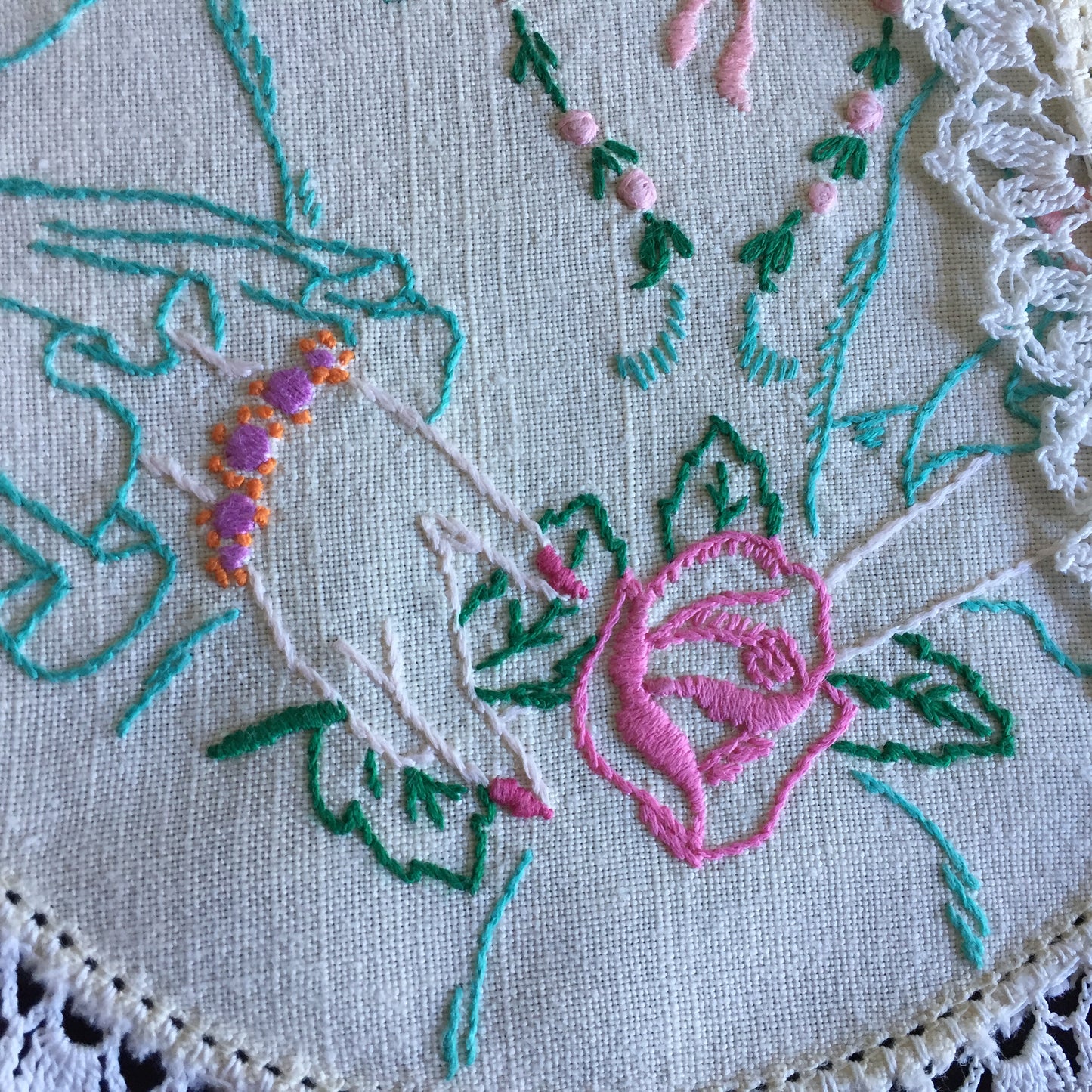 Hand Embroidered 3 Pce Duchess Set: Crinoline Lady Design | Vintage Doilies