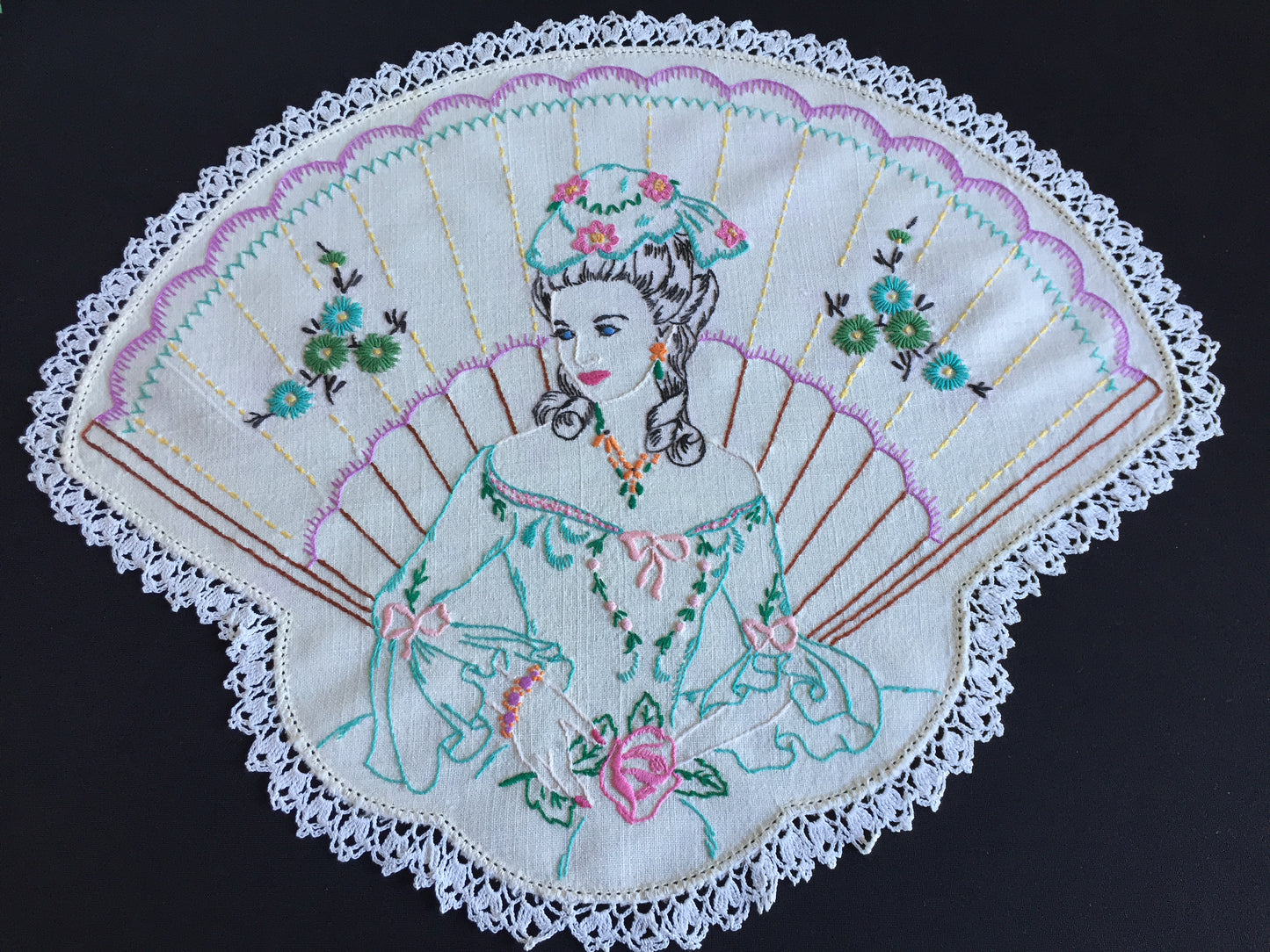Hand Embroidered 3 Pce Duchess Set: Crinoline Lady Design | Vintage Doilies
