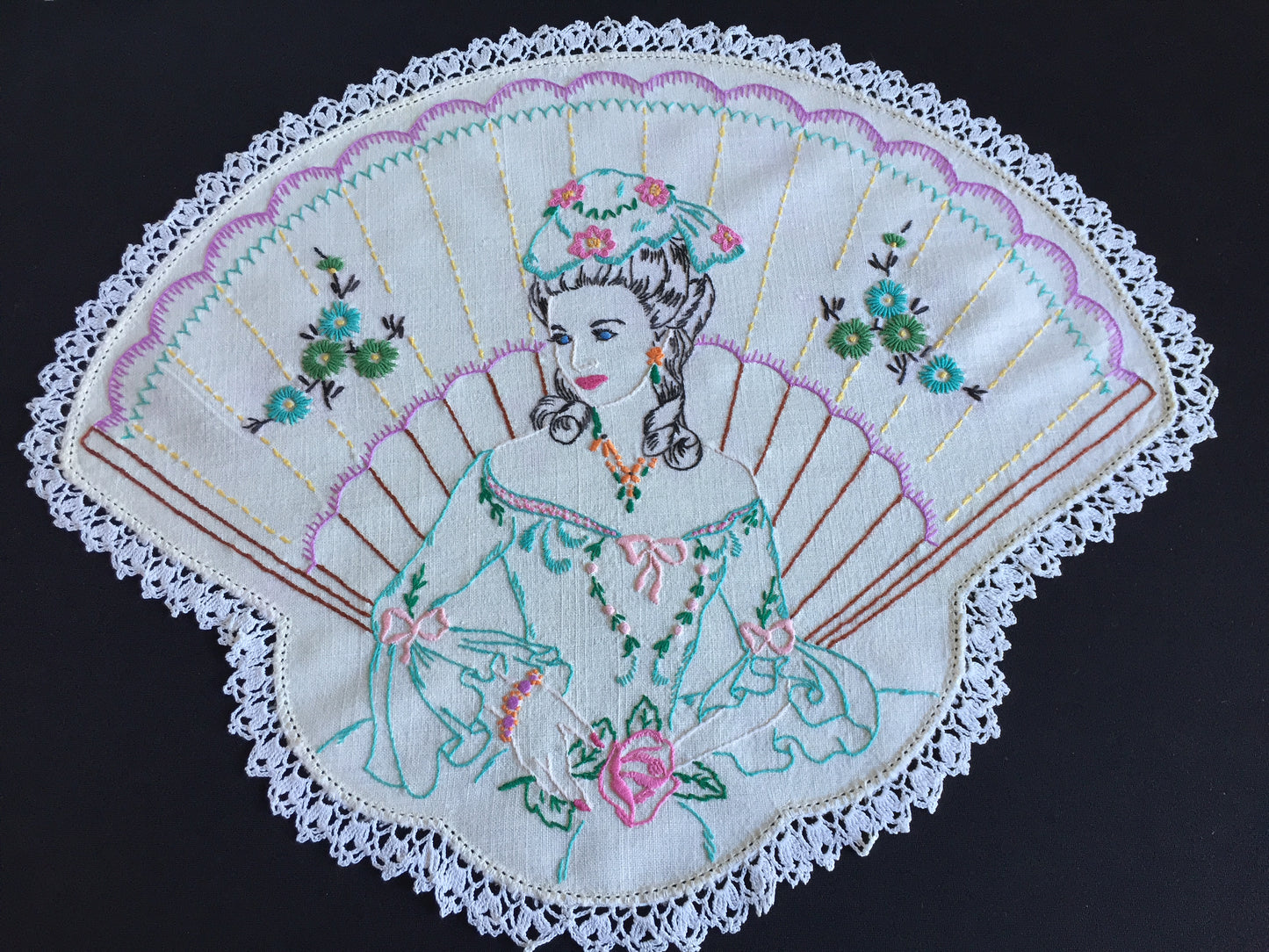 Hand Embroidered 3 Pce Duchess Set: Crinoline Lady Design | Vintage Doilies