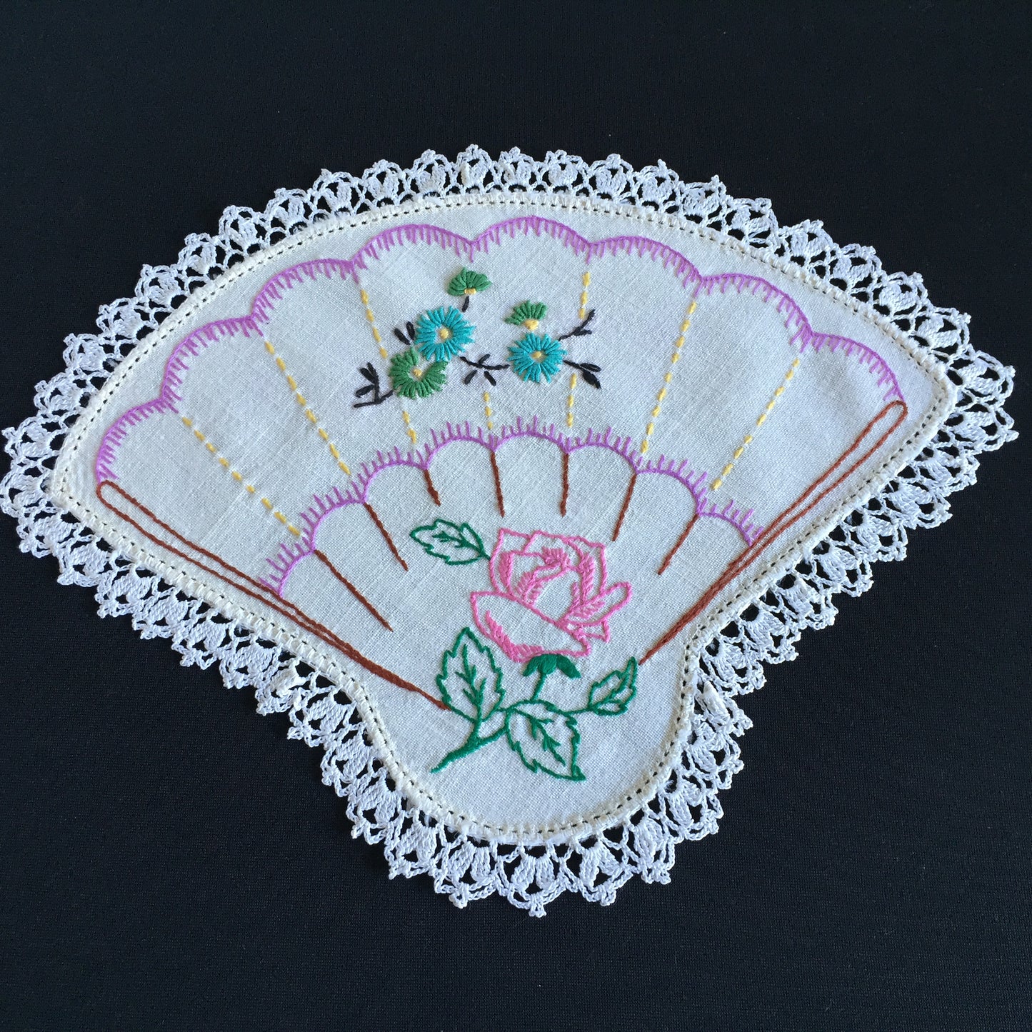 Hand Embroidered 3 Pce Duchess Set: Crinoline Lady Design | Vintage Doilies