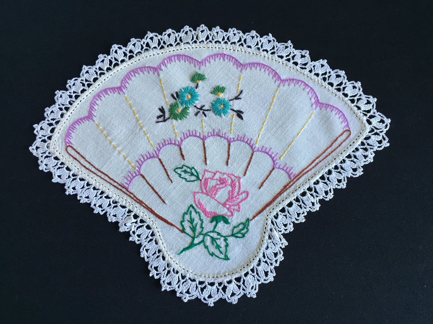 Hand Embroidered 3 Pce Duchess Set: Crinoline Lady Design | Vintage Doilies