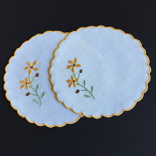 Australian Vintage Hand Embroidered Linen Doily Pair