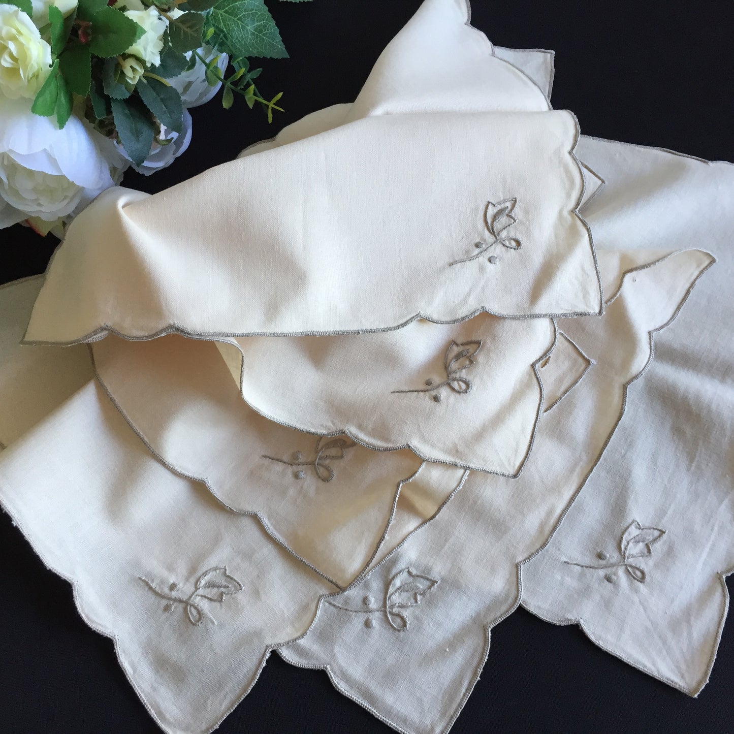Set of 6 Hand Embroidered Unused Vintage Cloth Napkins in Natural Colours