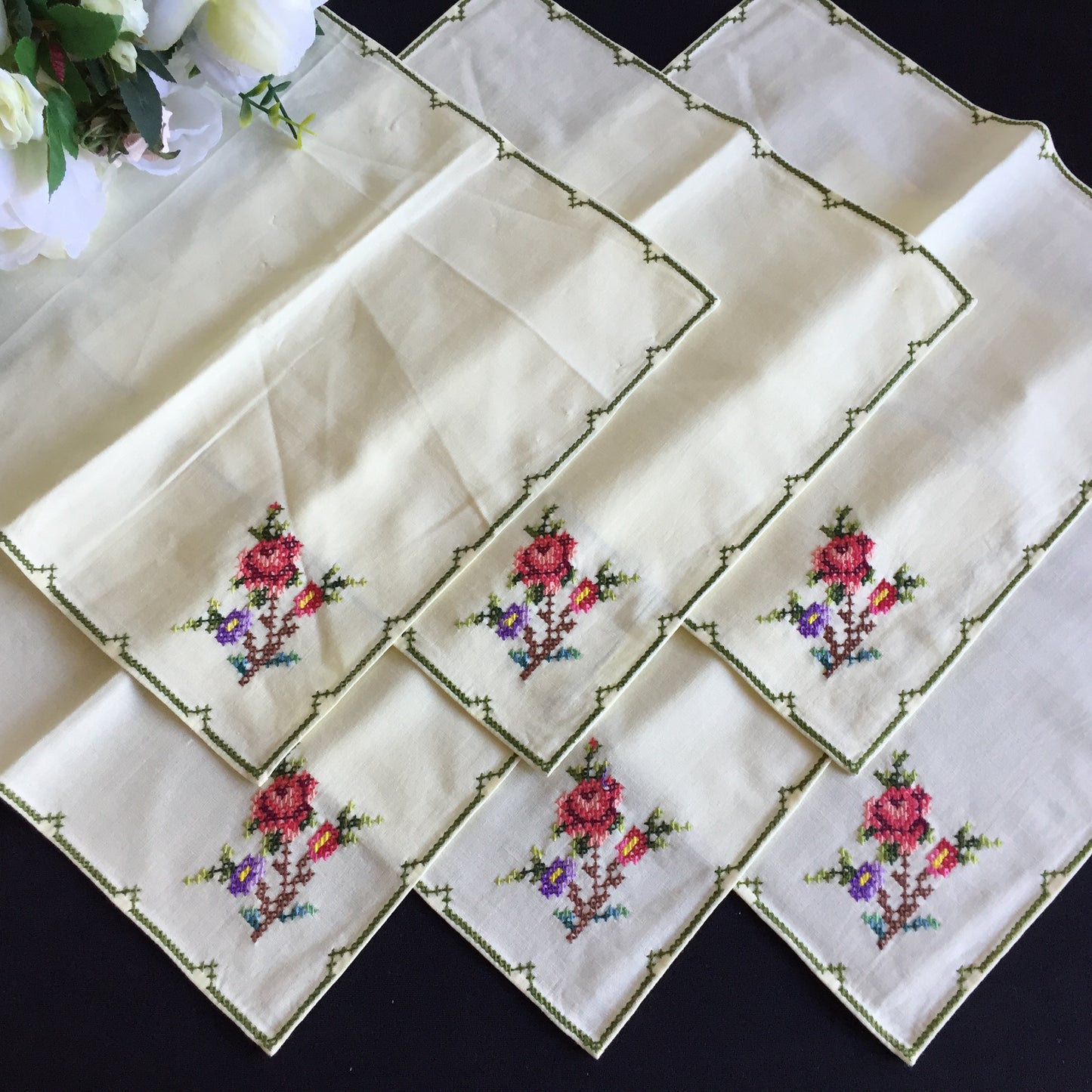 Vintage Cross Stitch Hand Embroidered Cotton Reusable Napkins