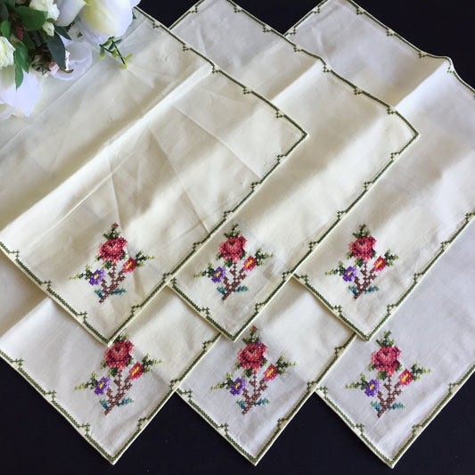 Vintage Cross Stitch Hand Embroidered Cotton Reusable Napkins