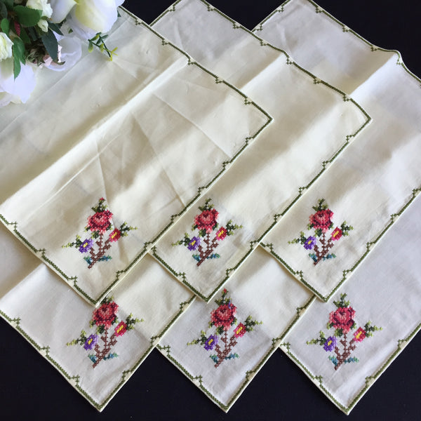 Vintage Cross Stitch Hand Embroidered Cotton Reusable Napkins