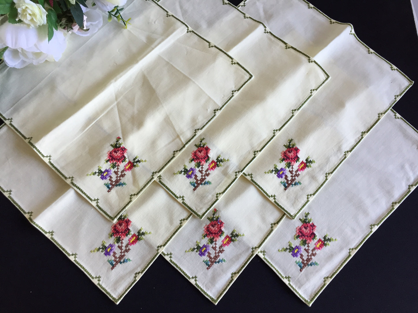 Vintage Cross Stitch Hand Embroidered Cotton Reusable Napkins