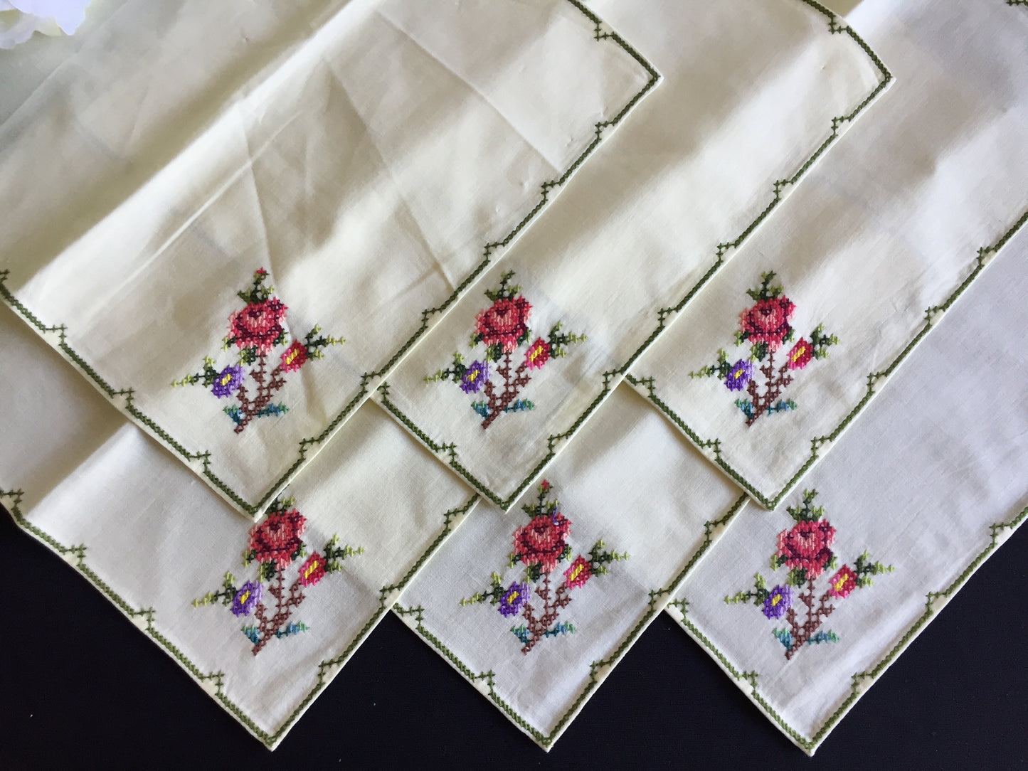 Vintage Cross Stitch Hand Embroidered Cotton Reusable Napkins