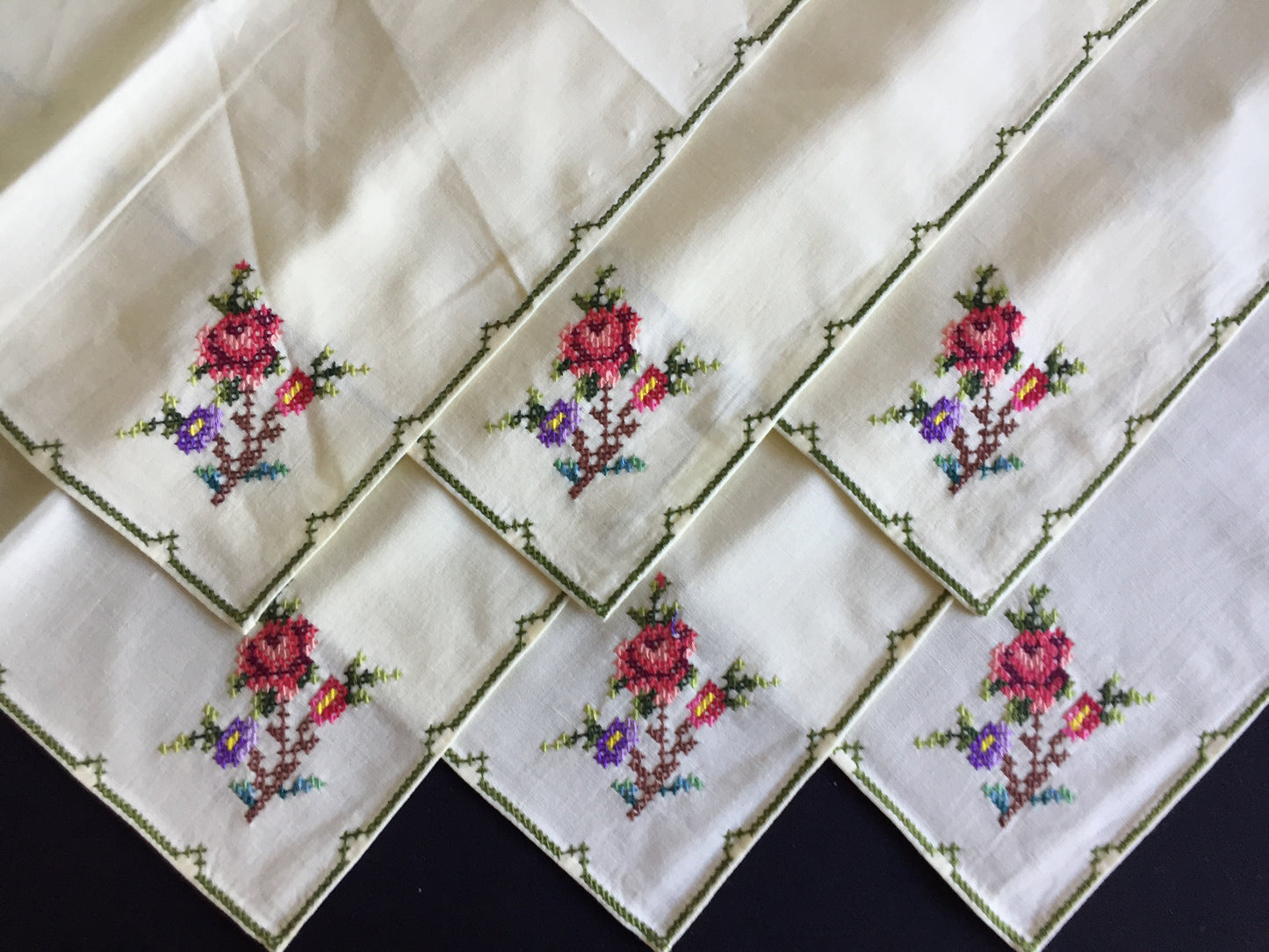 Vintage Cross Stitch Hand Embroidered Cotton Reusable Napkins