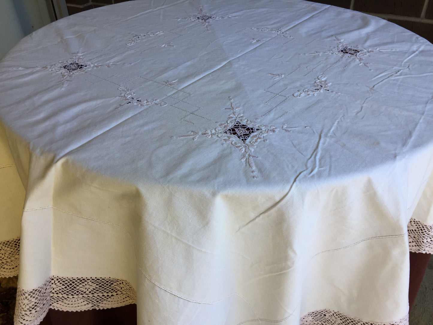 Vintage Cutwork Embroidered Beige Cotton Tablecloth with Crochet Lace Edging