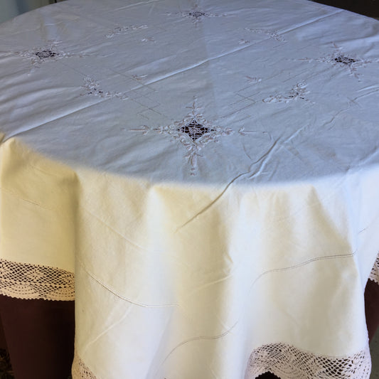 Vintage Cutwork Embroidered Beige Cotton Tablecloth with Crochet Lace Edging