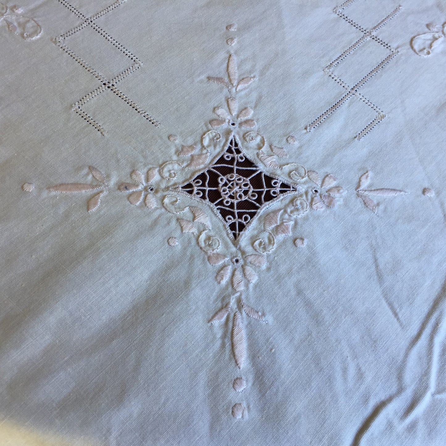 Vintage Cutwork Embroidered Beige Cotton Tablecloth with Crochet Lace Edging