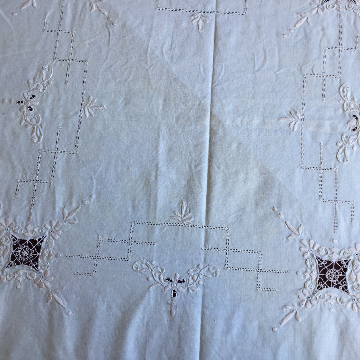 Vintage Cutwork Embroidered Beige Cotton Tablecloth with Crochet Lace Edging