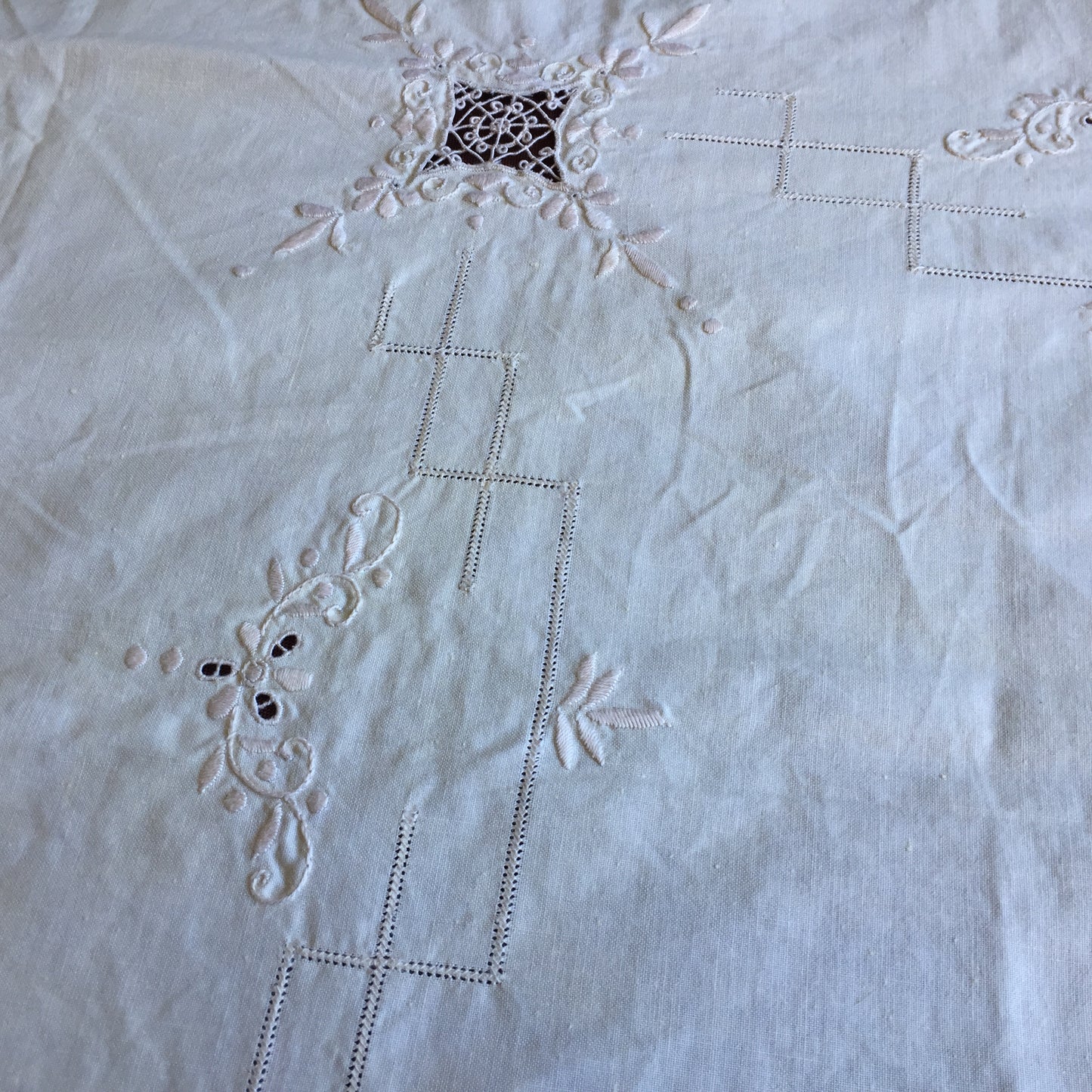 Vintage Cutwork Embroidered Beige Cotton Tablecloth with Crochet Lace Edging