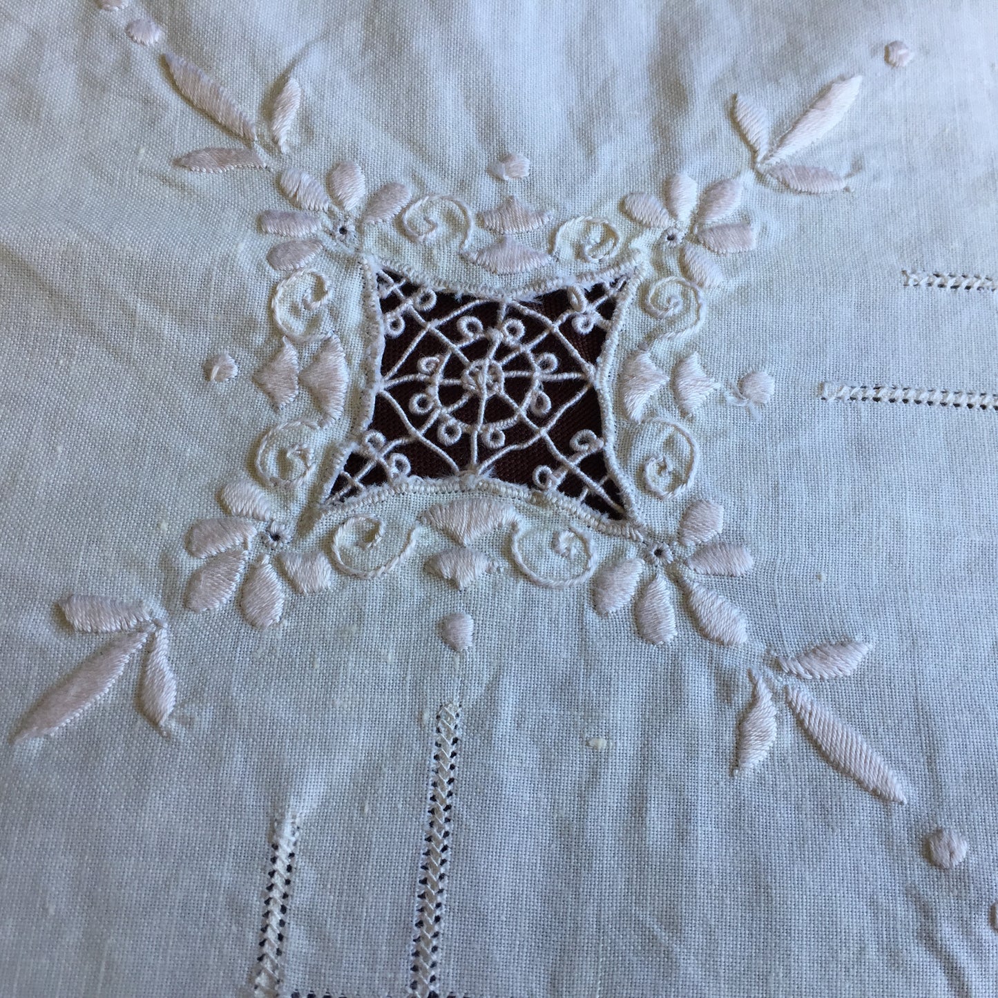 Vintage Cutwork Embroidered Beige Cotton Tablecloth with Crochet Lace Edging