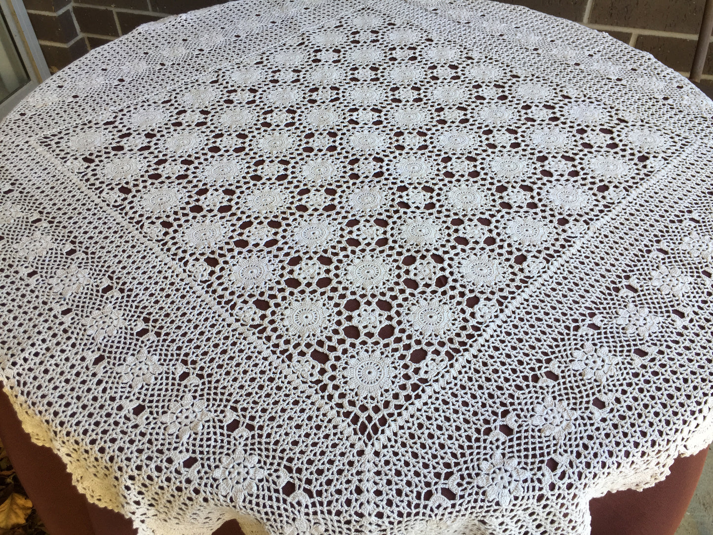 Mid-century Vintage Crochet Lace Tablecloth Natural Ecru Cotton