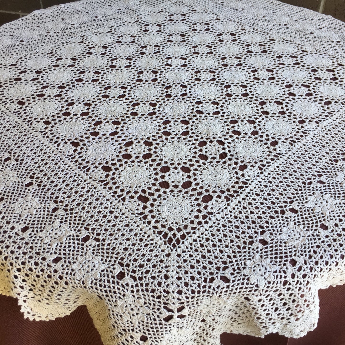 Mid-century Vintage Crochet Lace Tablecloth Natural Ecru Cotton