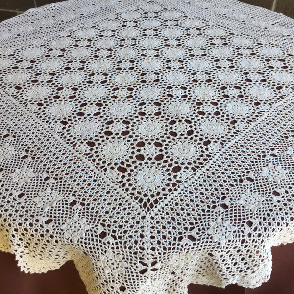 Mid-century Vintage Crochet Lace Tablecloth Natural Ecru Cotton
