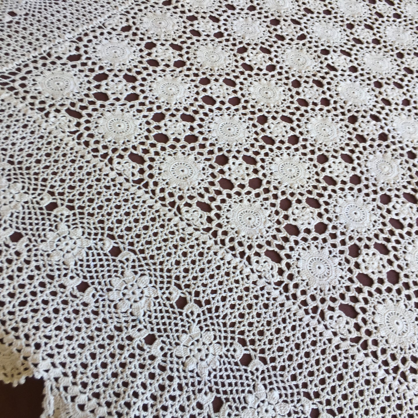 Mid-century Vintage Crochet Lace Tablecloth Natural Ecru Cotton