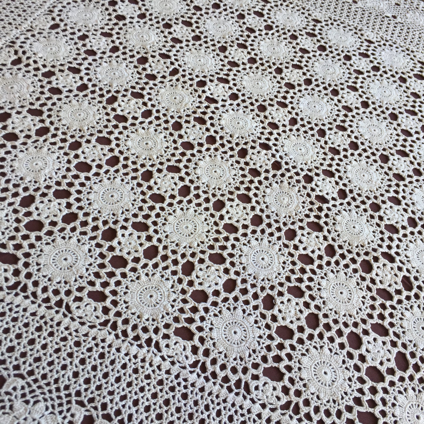 Mid-century Vintage Crochet Lace Tablecloth Natural Ecru Cotton