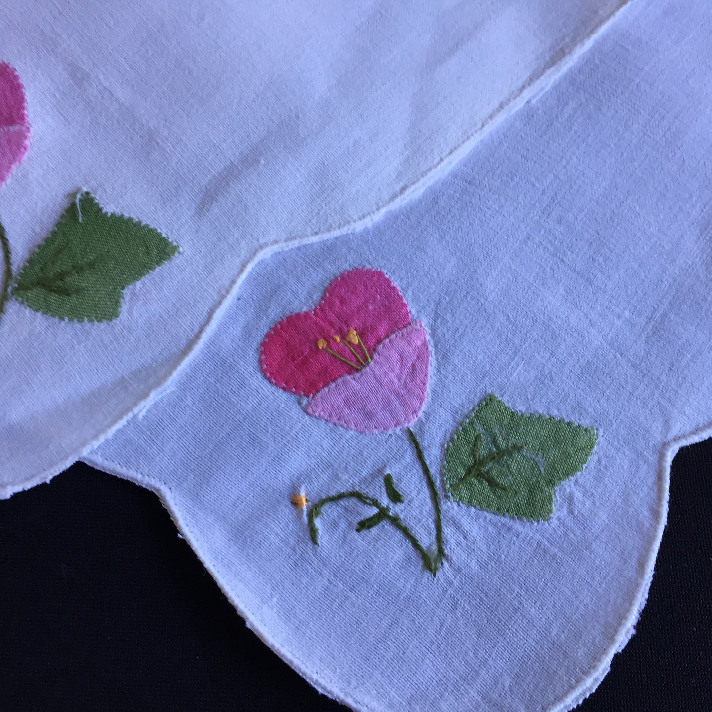 A Set of 3 Applique Embroidered Cloth Napkins in Pink, Green and White