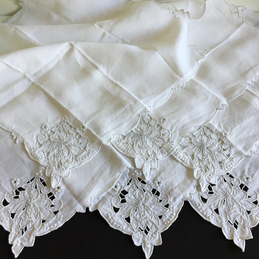 Set of 6 Edwardian Antique Madeira Hand Embroidered White Reusable Linen Napkins
