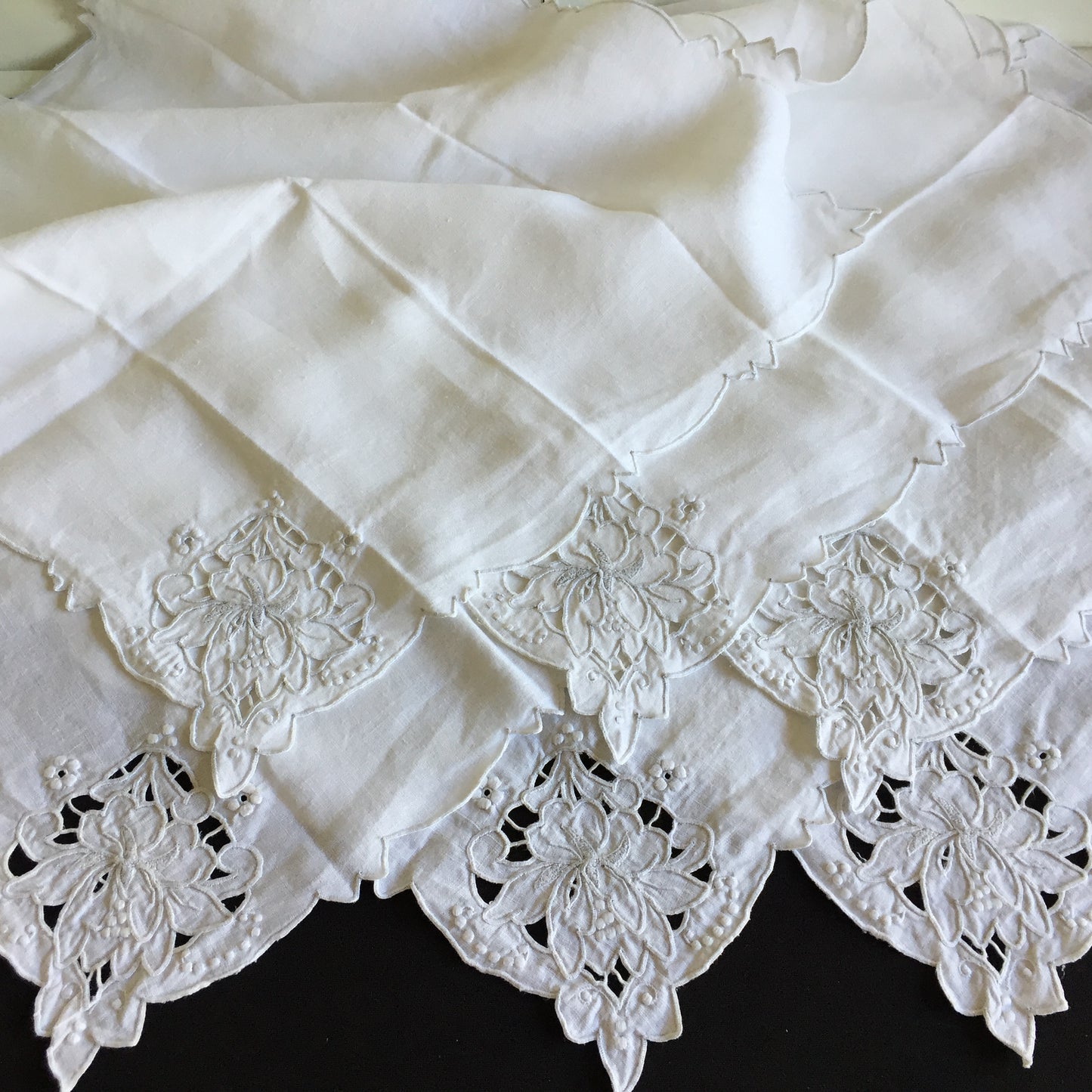 Set of 6 Edwardian Antique Madeira Hand Embroidered White Reusable Linen Napkins