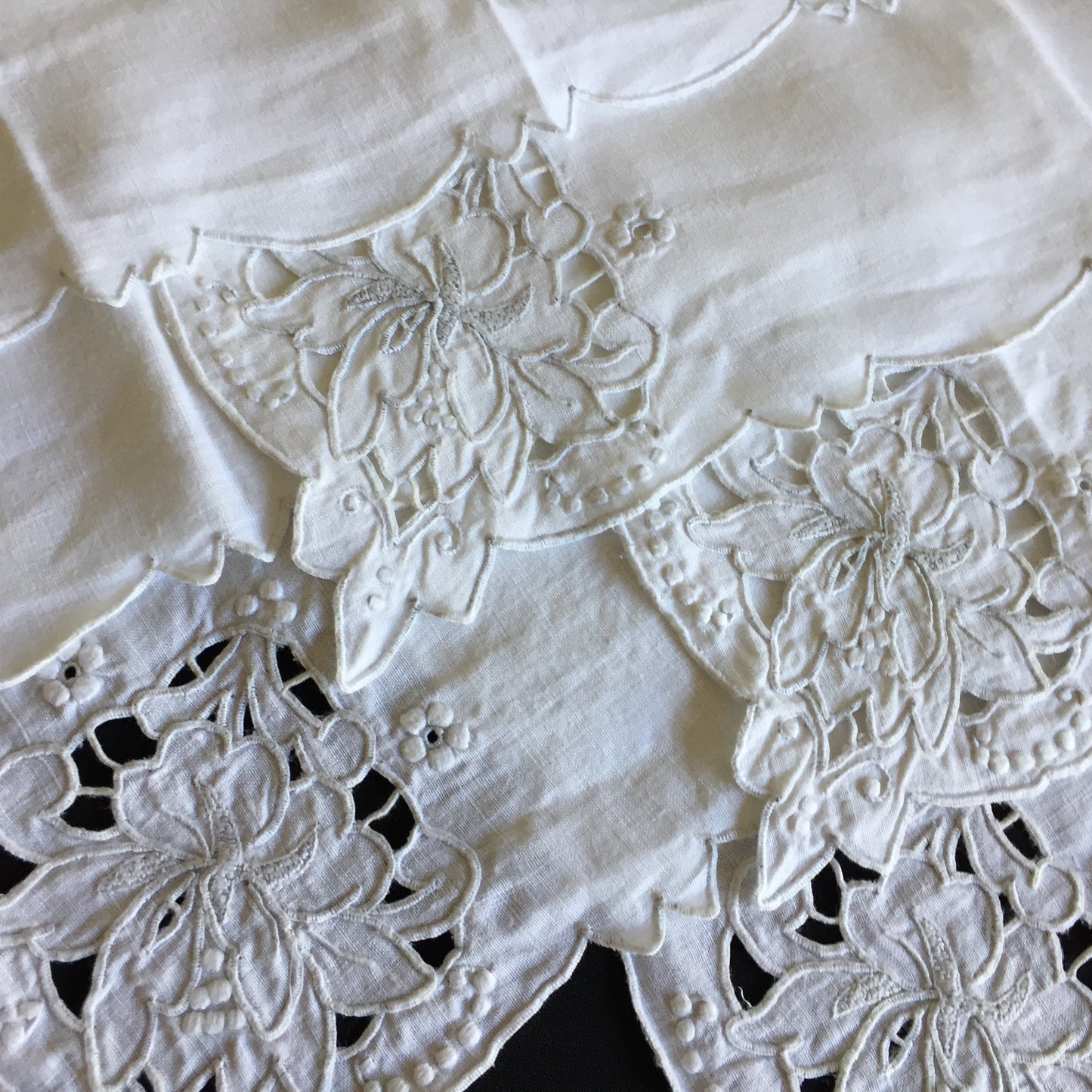 Set of 6 Edwardian Antique Madeira Hand Embroidered White Reusable Linen Napkins