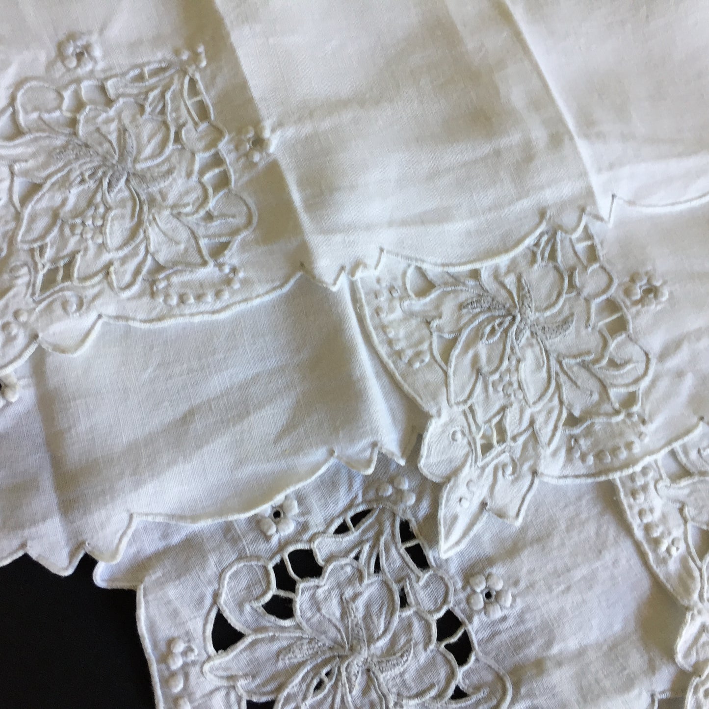 Set of 6 Edwardian Antique Madeira Hand Embroidered White Reusable Linen Napkins