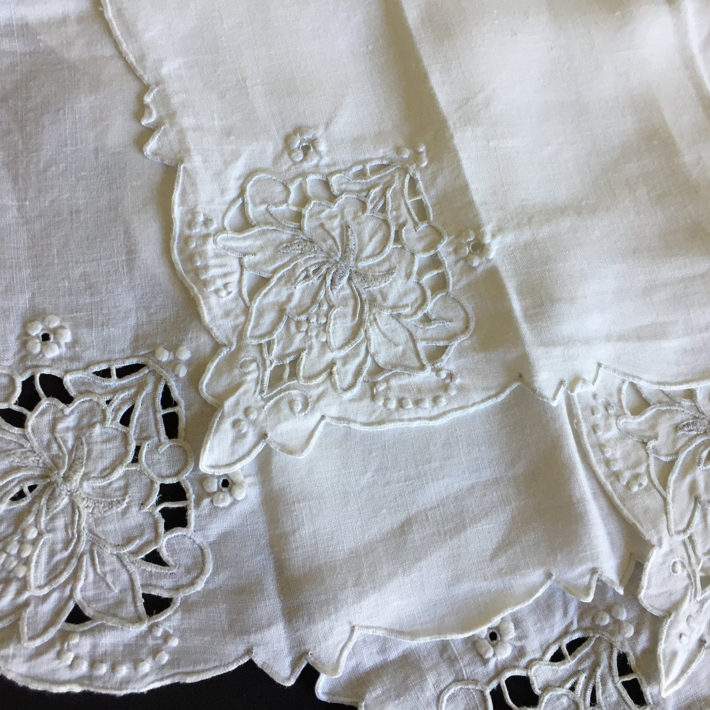 Set of 6 Edwardian Antique Madeira Hand Embroidered White Reusable Linen Napkins