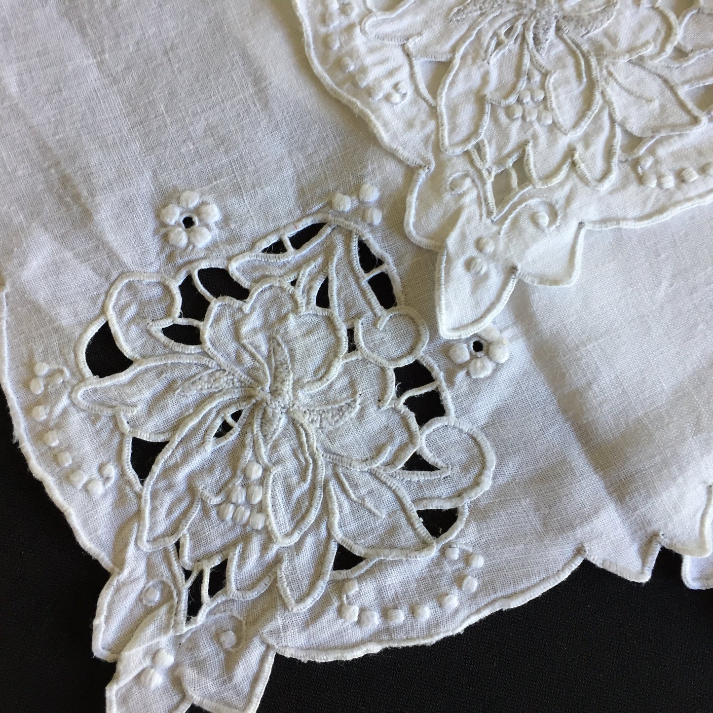 Set of 6 Edwardian Antique Madeira Hand Embroidered White Reusable Linen Napkins