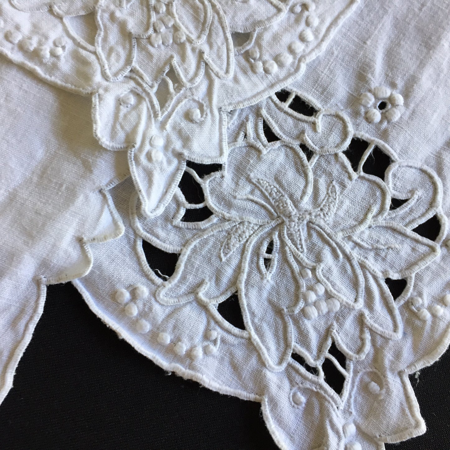 Set of 6 Edwardian Antique Madeira Hand Embroidered White Reusable Linen Napkins